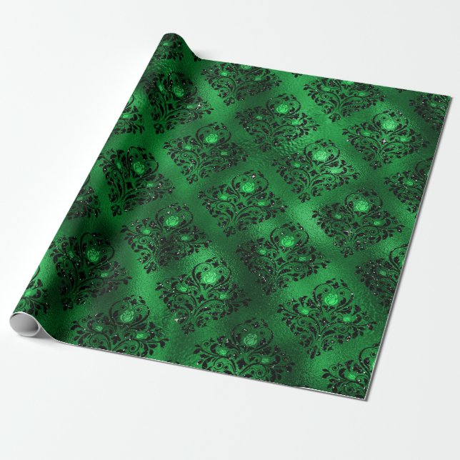 Papel De Presente Padrão de Rosa Damasko Verde Esmeralda Glam (Desenrolado)