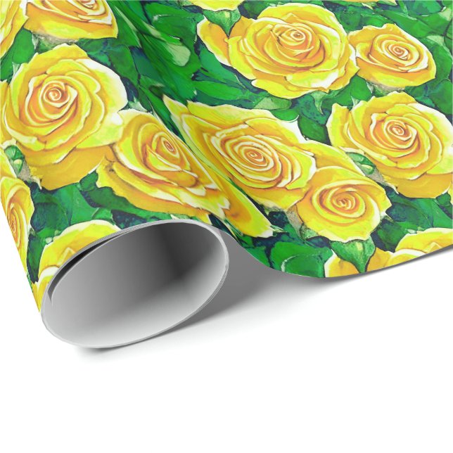 Papel De Presente Padrão de Rosa de Aquarela Amarela (Ponta do rolo)