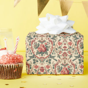 Papel De Presente Padrão de Rosa e Pássaro Vintage Arte Nova Românti