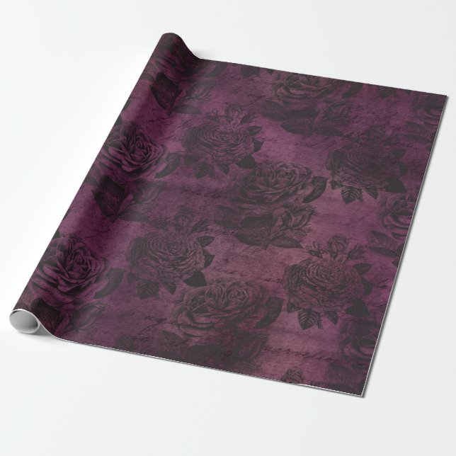 Papel De Presente Padrão de Rosa Roxa Vintage (Desenrolado)