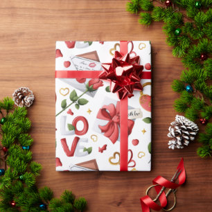 Papel De Presente Padrão de Rosa Vermelha Romântica Vitoriana e Cart