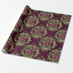 Papel De Presente Padrão de rosa vintage Paris Burgundy e dourado