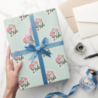 Papel De Presente Padrão de rosas cor-de-rosa florais vintage listra