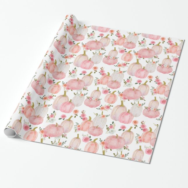 Papel De Presente Padrão de Rosas de Abóbora Rosa de Pastel de Aquar (Desenrolado)