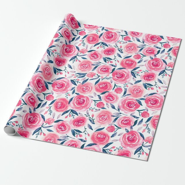 Papel De Presente Padrão de Rosas de Aquarela Floral Rosa (Desenrolado)