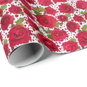 Papel De Presente Padrão de Rosas Florais Vermelhas e Rosa Escuro El