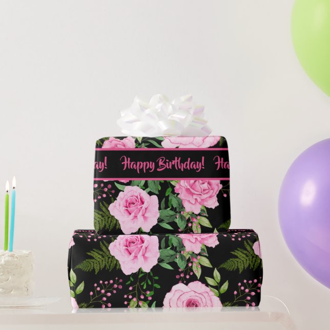 Papel De Presente Padrão de Rosas Rosa Lindas e Pretas Modernas (Presentes para festas)