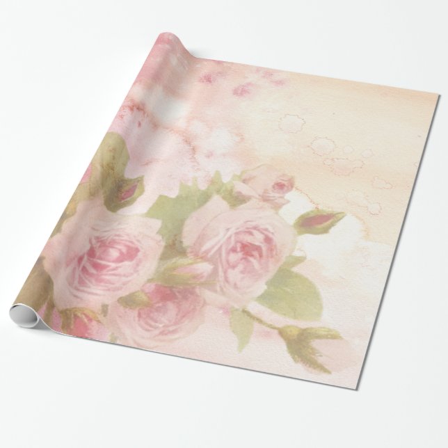 Papel De Presente Padrão de Rosas Rosa Suave (Desenrolado)