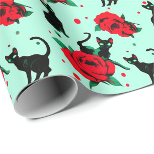 Papel De Presente Padrão de Rosas vermelhas de Gatos Pretos Cute Eng