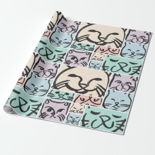 Papel De Presente Padrão de Rostos de Gatos Desenhados à Mão Fofo