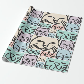 Papel De Presente Padrão de Rostos de Gatos Desenhados à Mão Fofo
