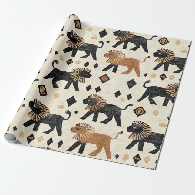 Papel De Presente Padrão de Safari Tribal Leão Boho (Desenrolado)