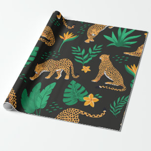 Papel De Presente Padrão de safra com leopardos e folhas tropicais