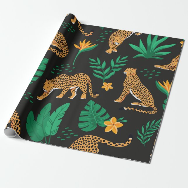Papel De Presente Padrão de safra com leopardos e folhas tropicais (Desenrolado)