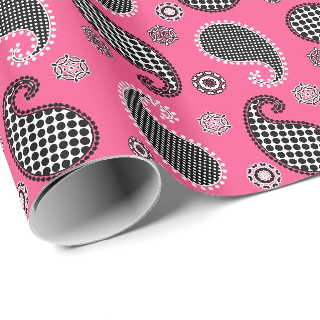 Papel De Presente Padrão de salsa, rosa-fúcsia, preto e branco (Ponta do rolo)