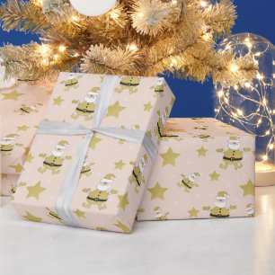 Papel De Presente Padrão de Santa Rosa Chic Dourado e Estrelas