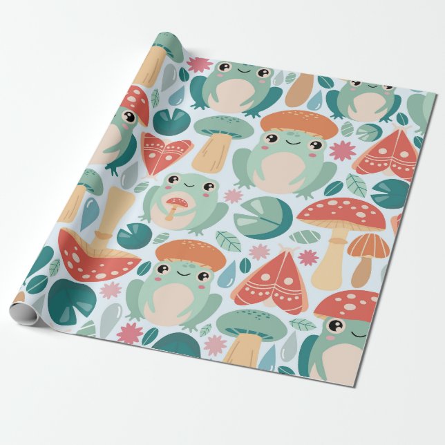 Papel De Presente Padrão de Sapos e Cogumelos florestais (Desenrolado)