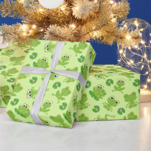 Papel De Presente Padrão de Sapos Fofos em Verde Brilhante