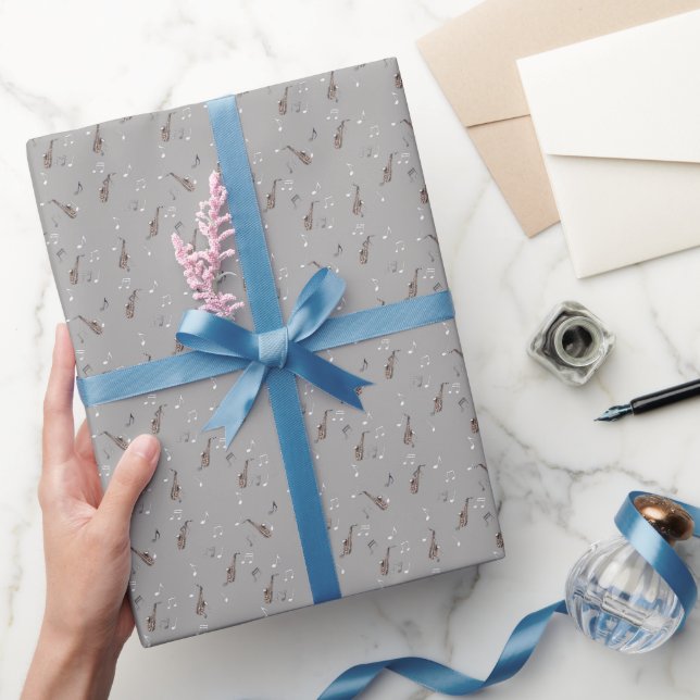 Papel De Presente Padrão de Saxofone Alto Dourado e Prateado (Presentear)