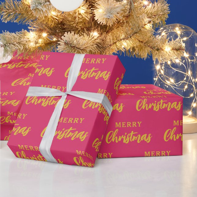 Papel De Presente Padrão de Script de Natal Dourado e Rosa Quente (Feriados)
