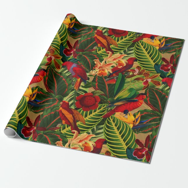 Papel De Presente Padrão de Selva de Papagaios Tropicais Antiquados (Desenrolado)
