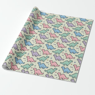 Papel De Presente Padrão de Silhuetas de Dinossauros Pixelizados em 