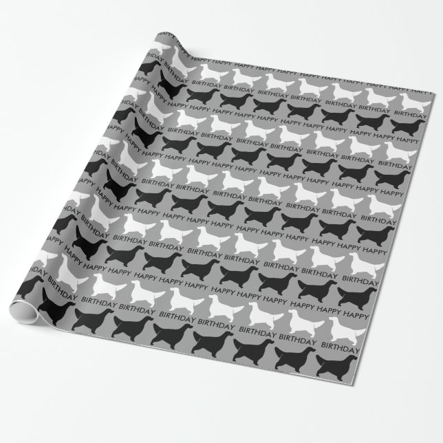 Papel De Presente Padrão de Silhuetas de Setter Inglês com Texto (Desenrolado)