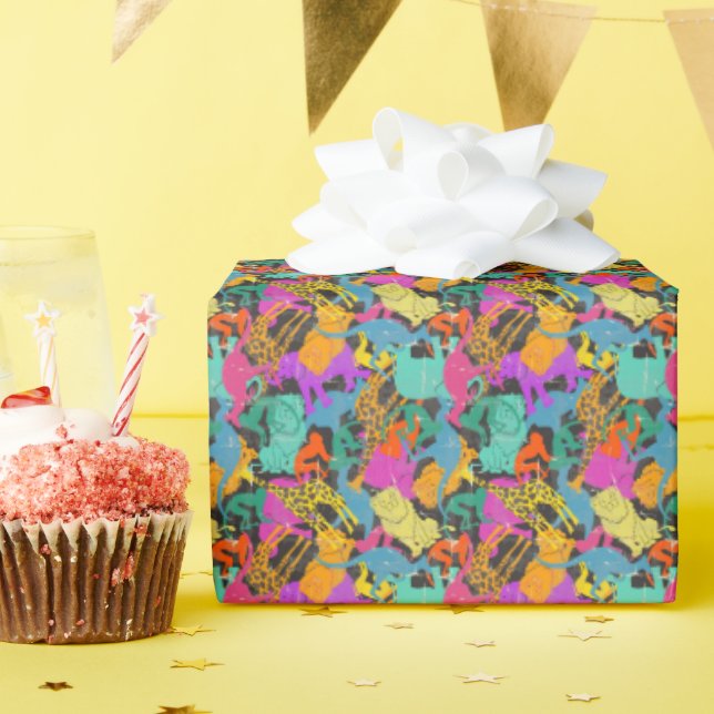 Papel De Presente Padrão de Silhuettes Animais Retro (Festa de aniversário)
