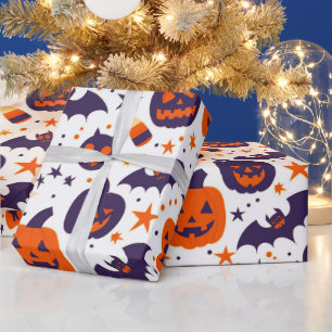 Papel De Presente Padrão de Símbolo de Halloween Roxo Laranja Branco