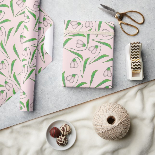 Papel De Presente Padrão de Snowdrop em Rosa Corado (Artesanato)