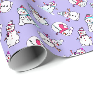 Papel De Presente Padrão de Snowmen   Bonita Girly Lilac Natal