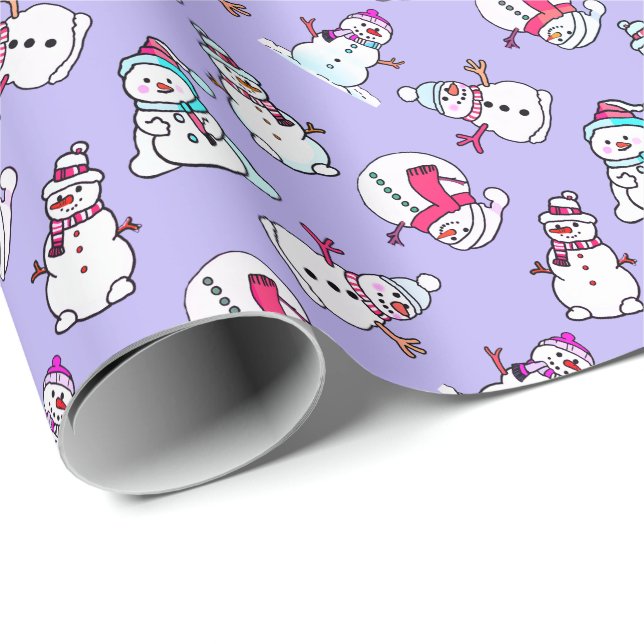Papel De Presente Padrão de Snowmen | Bonita Girly Lilac Natal (Ponta do rolo)
