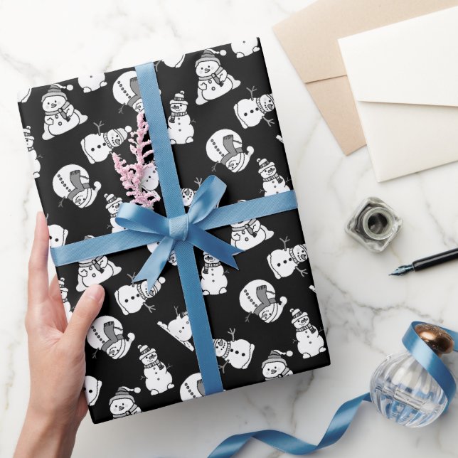 Papel De Presente Padrão de Snowmen | Natal Preto e Branco (Presentear)