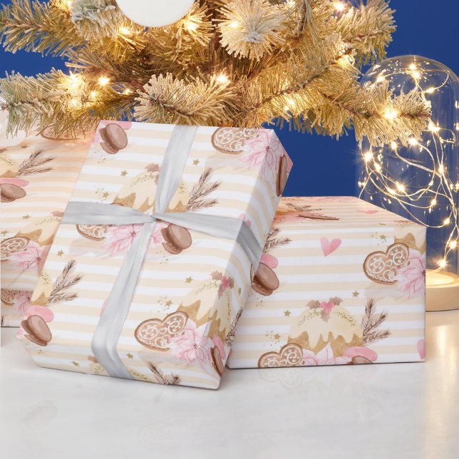 Papel De Presente Padrão de Sobremesa de Natal Neutro e Rosa (Feriados)