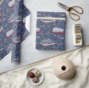 Papel De Presente Padrão de Sonhos de Gato Sonolento e Bonito