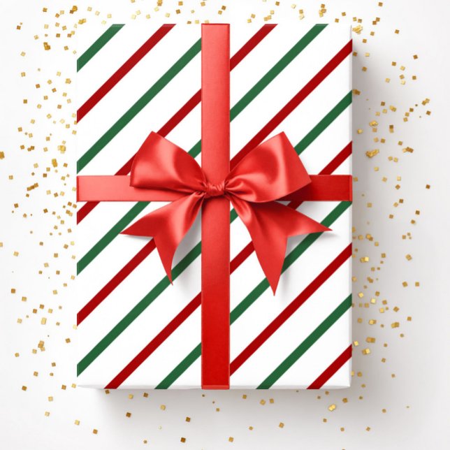 Papel De Presente Padrão de Strike do Natal Verde Branco (White Red Green Christmas Stripes Pattern Wrapping Paper)