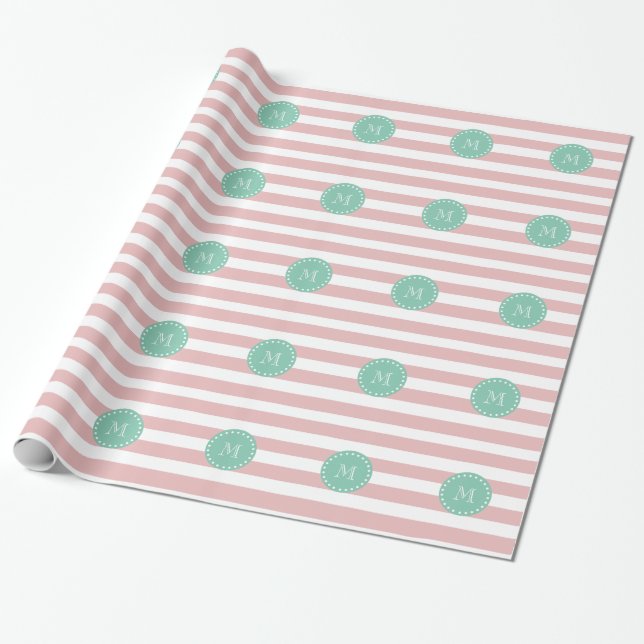 Papel De Presente Padrão de Stripes Brancas Rosa, Monograma Verde Mi (Desenrolado)
