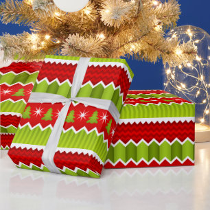 Papel De Presente Padrão De Stripes De Chevron Vermelho E Verde De 