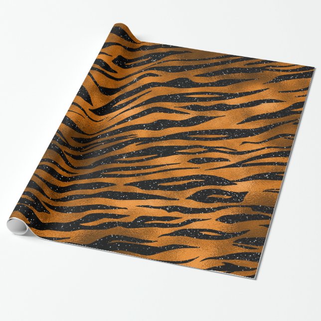 Papel De Presente Padrão de Stripes de Tigre Preto e Cobre (Desenrolado)