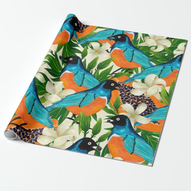 Papel De Presente Padrão de superfície com frutas, folhas e escoamen (Desenrolado)