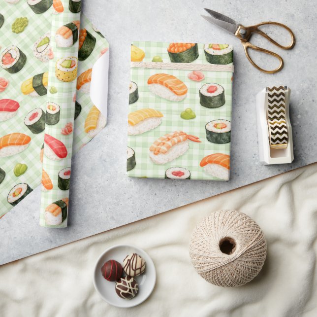 Papel De Presente Padrão de Sushi em Grade Verde Claro (Artesanato)