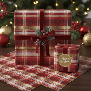 Papel De Presente Padrão de Tartã de Natal Dourado Vermelho #7 ID100