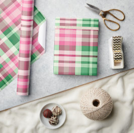 Papel De Presente Padrão De Tartan De Xadrez Rosa Funfa E Verde