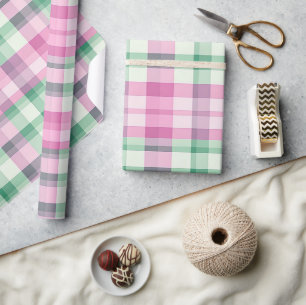 Papel De Presente Padrão De Tartan De Xadrez Rosa Funfa E Verde