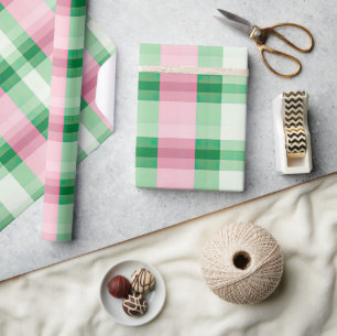 Papel De Presente Padrão De Tartan De Xadrez Rosa Funfa E Verde