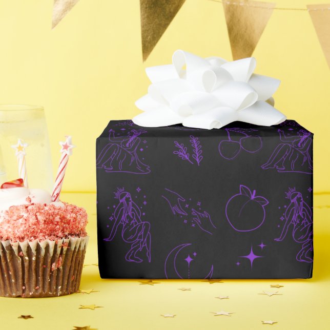 Papel De Presente Padrão de Tatuagem de Deusa – Preto e Roxo  (Festa de aniversário)