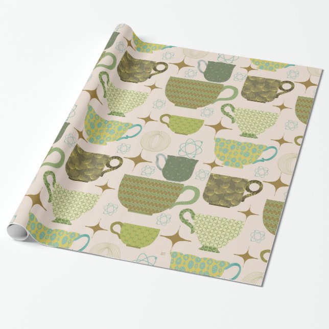Papel De Presente Padrão de Teacup Moderno do meio século (Desenrolado)
