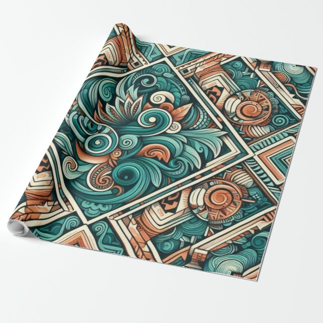 Papel De Presente Padrão de Teal e Terracotta inspirado no asttec (Desenrolado)