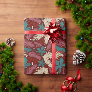 Papel De Presente Padrão de Teal Vermelho Natal Floral