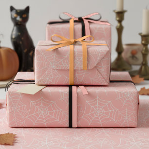 Papel De Presente Padrão de Teia de Aranha de Halloween Rosa Branco